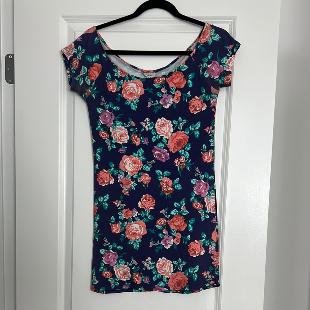 Navy Blue BodyCon Women’s Mini Dress with Pink Flowers size medium